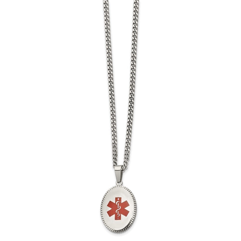 Kazi Luxury Stainless Steel Polished w/Red Enamel Oval Medical ID 20in Necklace